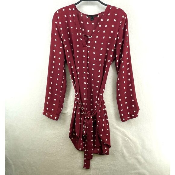 Forever21 Dress Sz M Wine Red Shift White Polka Dot V-Neck Tie Waist Long Sleeve - Picture 1 of 11